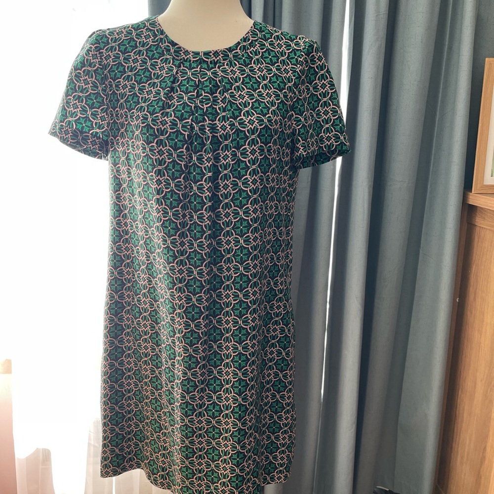 J. Crew Silk Green Geometric Short-Sleeve Shift Dress